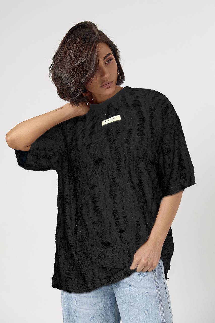 Stylish Oversize Textured Black T-Shirt with Small Rhinestones