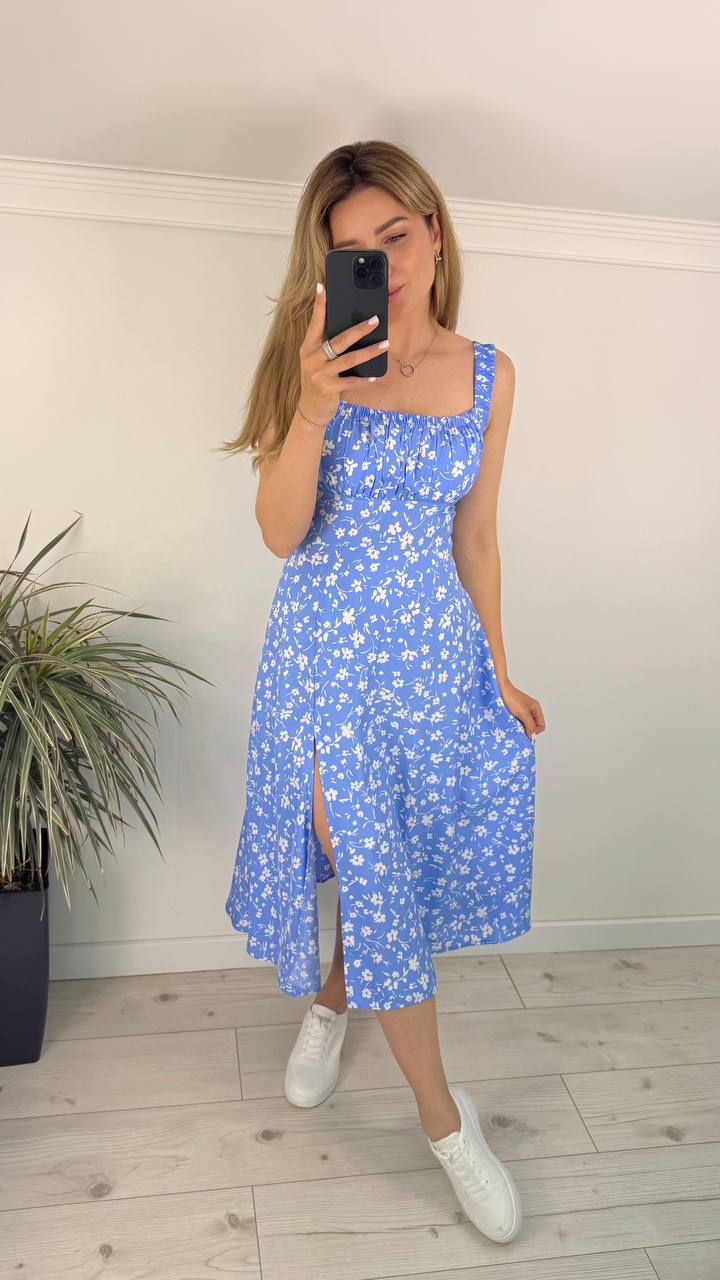 Blue Floral Midi Dress with Elastic Straps and Side Slit