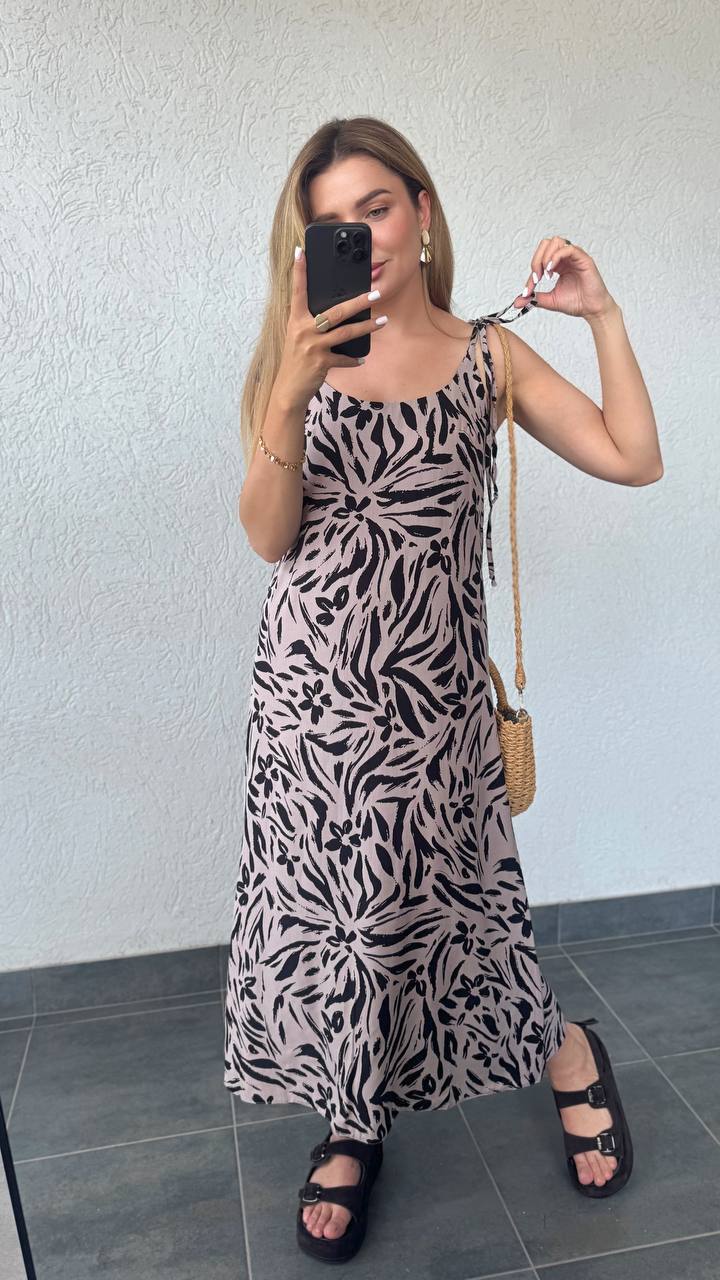 Maxi Sarafan Dress with Adjustable Straps in Printed Staple Fabric