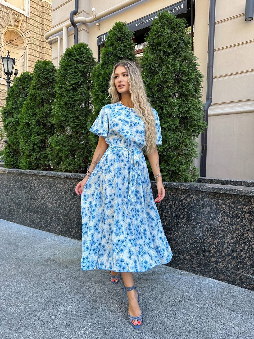 Blue Floral Midi Dress with Belted Waist and Flutter Sleeves