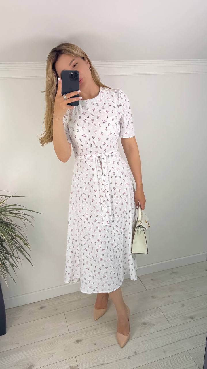 Elegant White Midi Dress with Waist Tie and Hidden Back Zipper