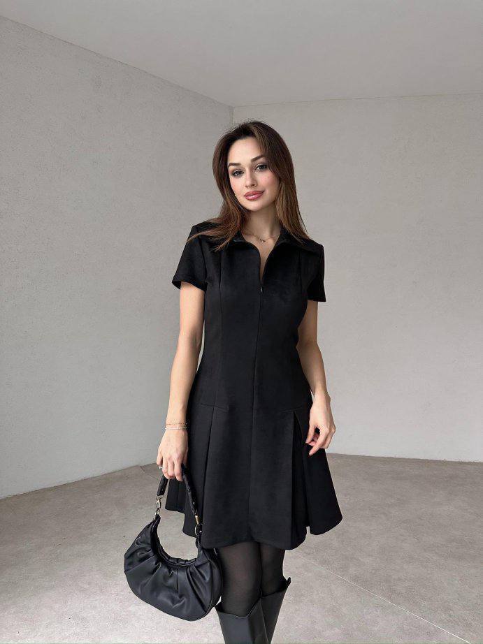 Chic Black Suede Dress with Skater Skirt and Short Sleeves Perfect for Day or Night Out