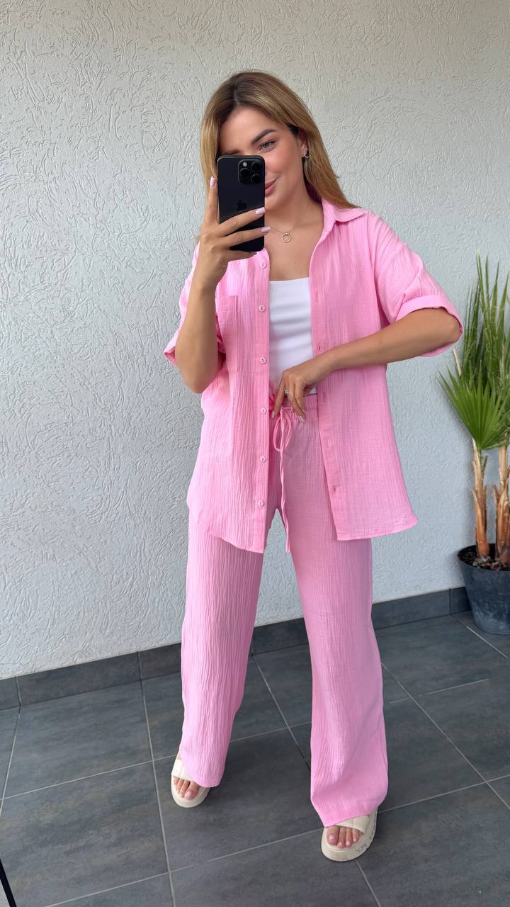 Pink Muslin Two-Piece Set Loose Shirt and Drawstring Pants
