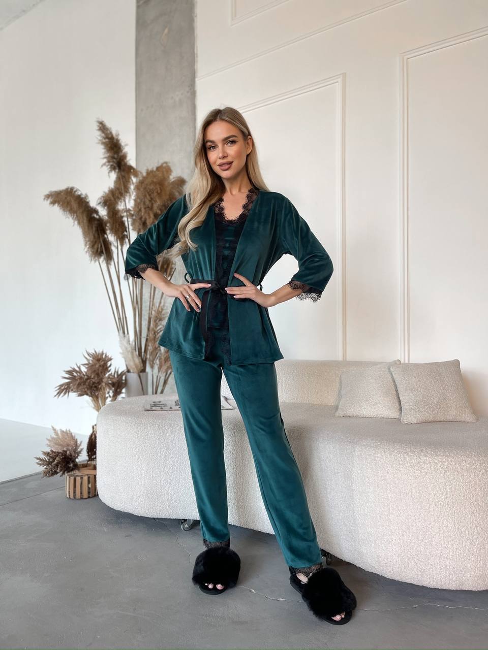 Womens Three Piece Homewear Set Velvet Knit Comfortable Loungewear