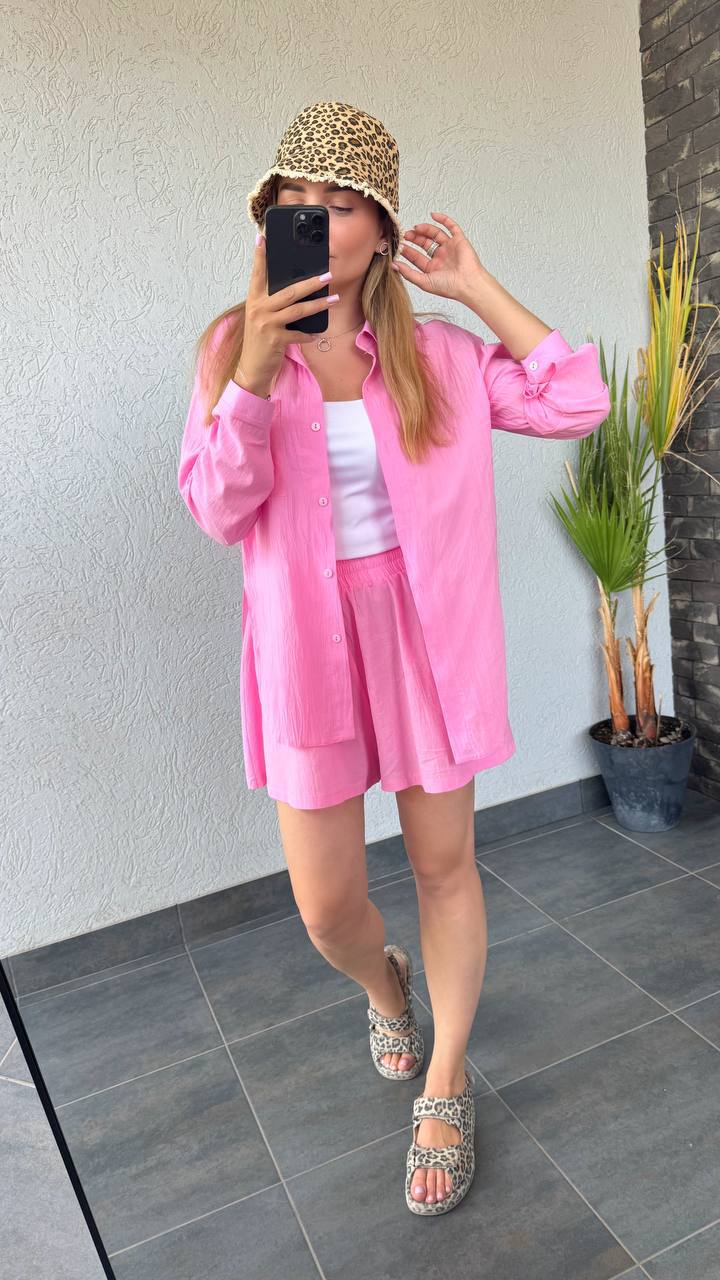 Pink Lightweight Summer Two-Piece Set with Button-Up Shirt and Elastic Waist Shorts