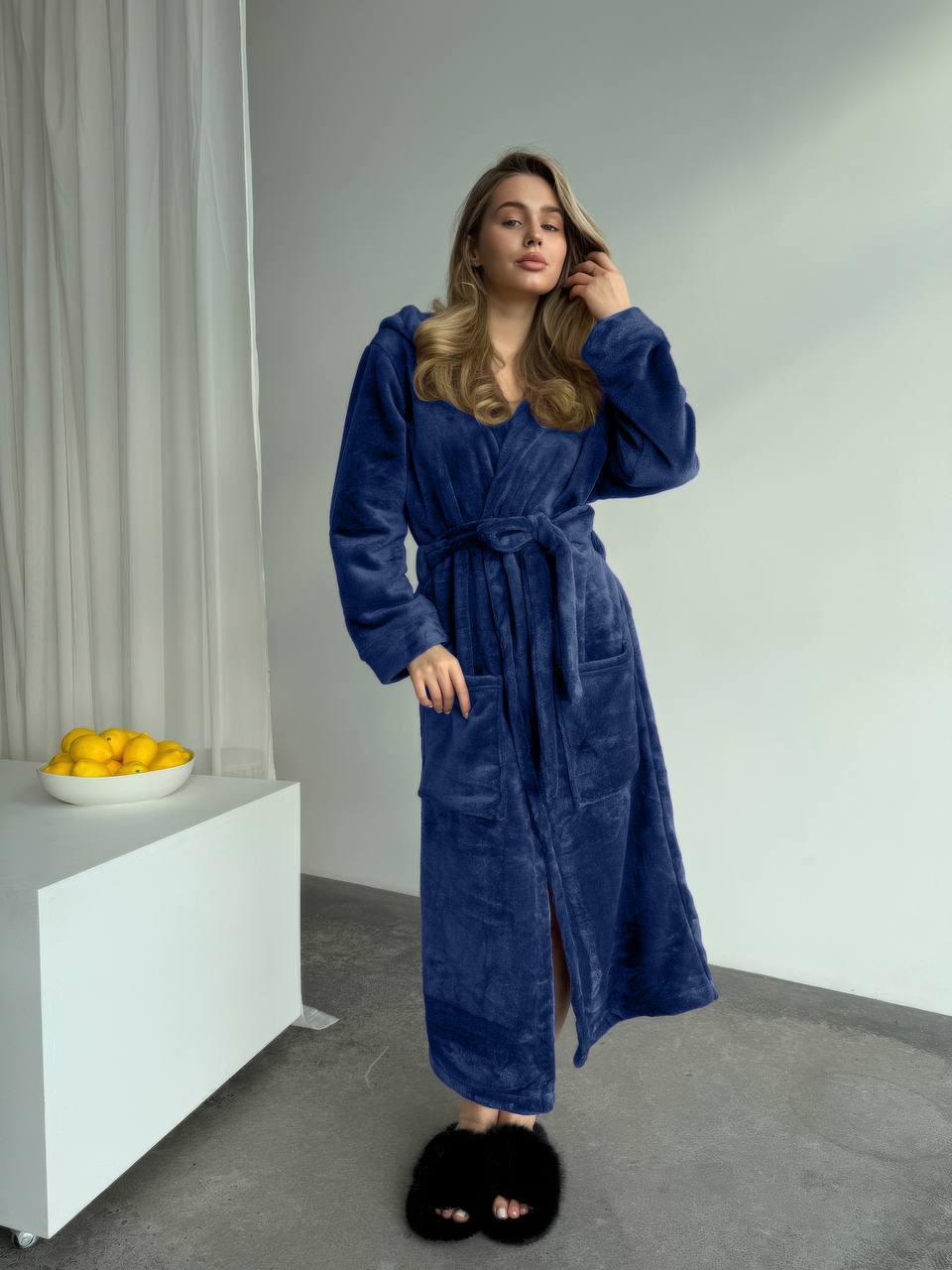 Unisex Hooded Plush Robe with Belt and Pockets Soft Warm Comfortable