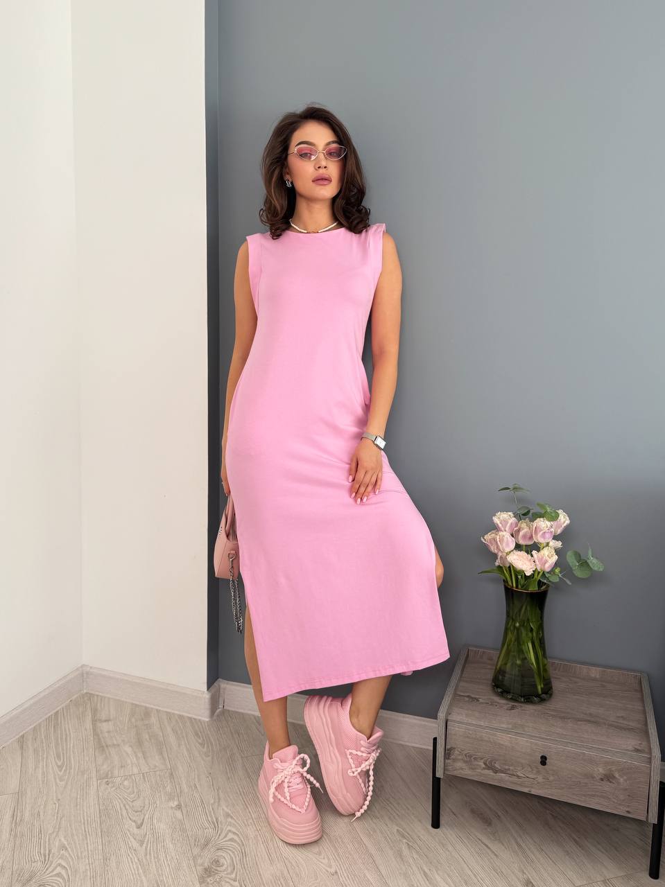 Ladies Pink Sleeveless Straight Cut Dress with Pockets