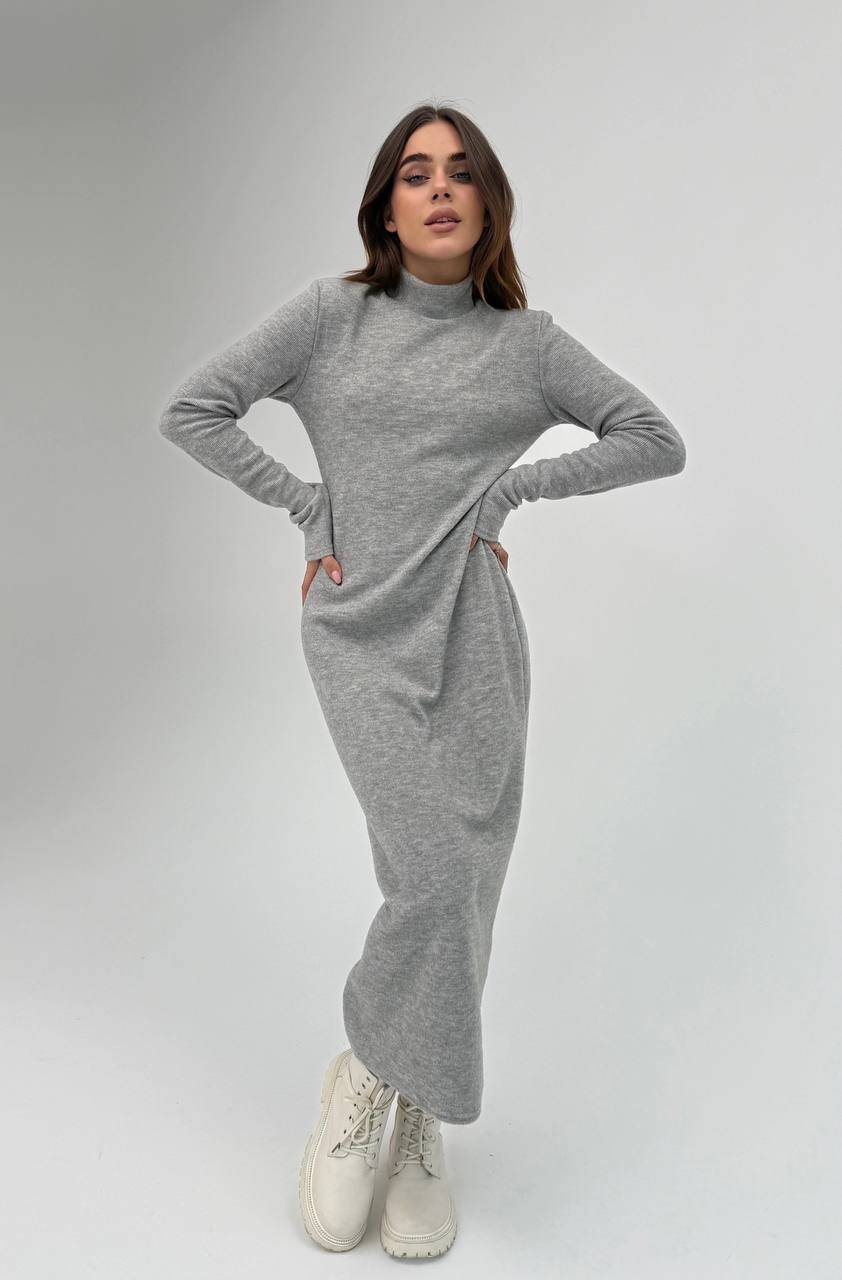 Maxi Grey Ribbed Angora Dress Warm Comfortable