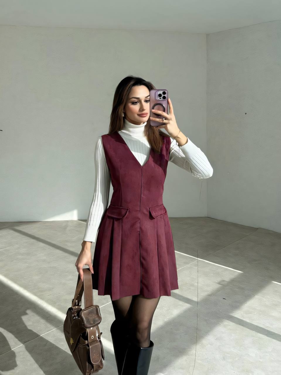 Stylish Burgundy Sleeveless Suede Sarafan Dress