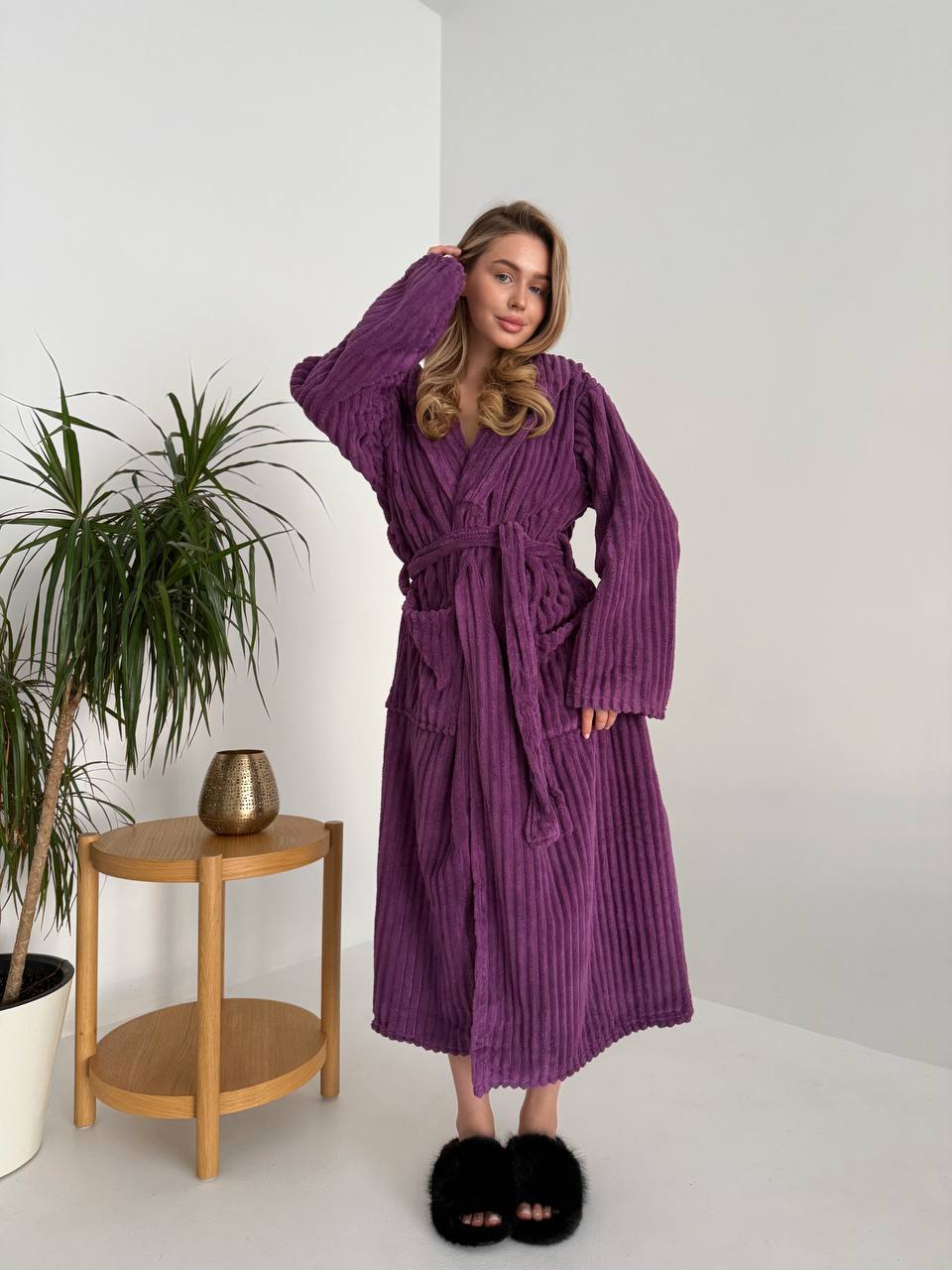 Unisex Plush Microfiber Bathrobe with Hood and Wide Belt