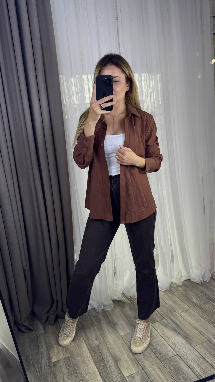 Casual Brown Linen Cotton Shirt with Wide Buttoned Cuffs