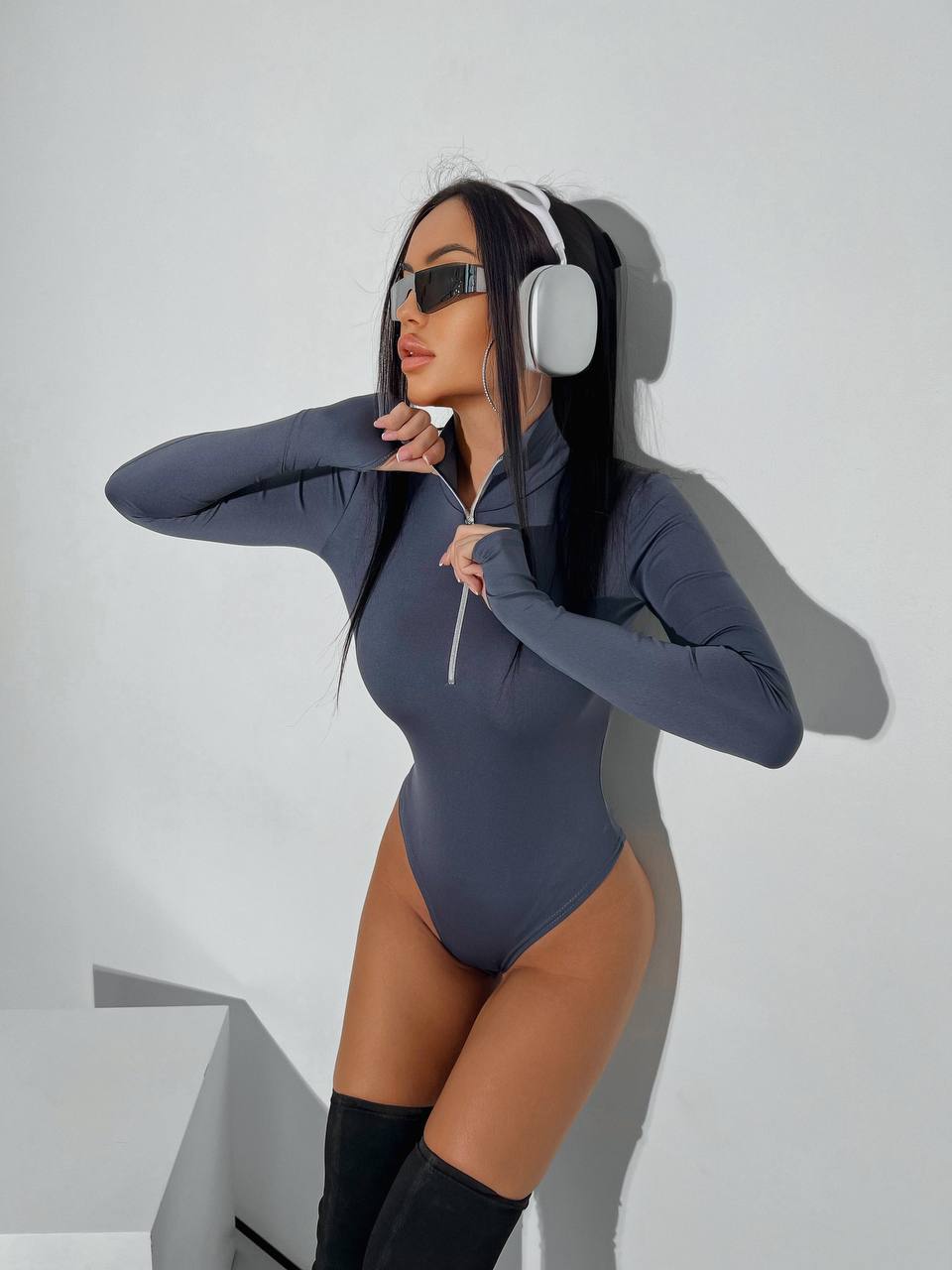 Stylish Long Sleeve Zipped Bodysuit with Thumb Hole