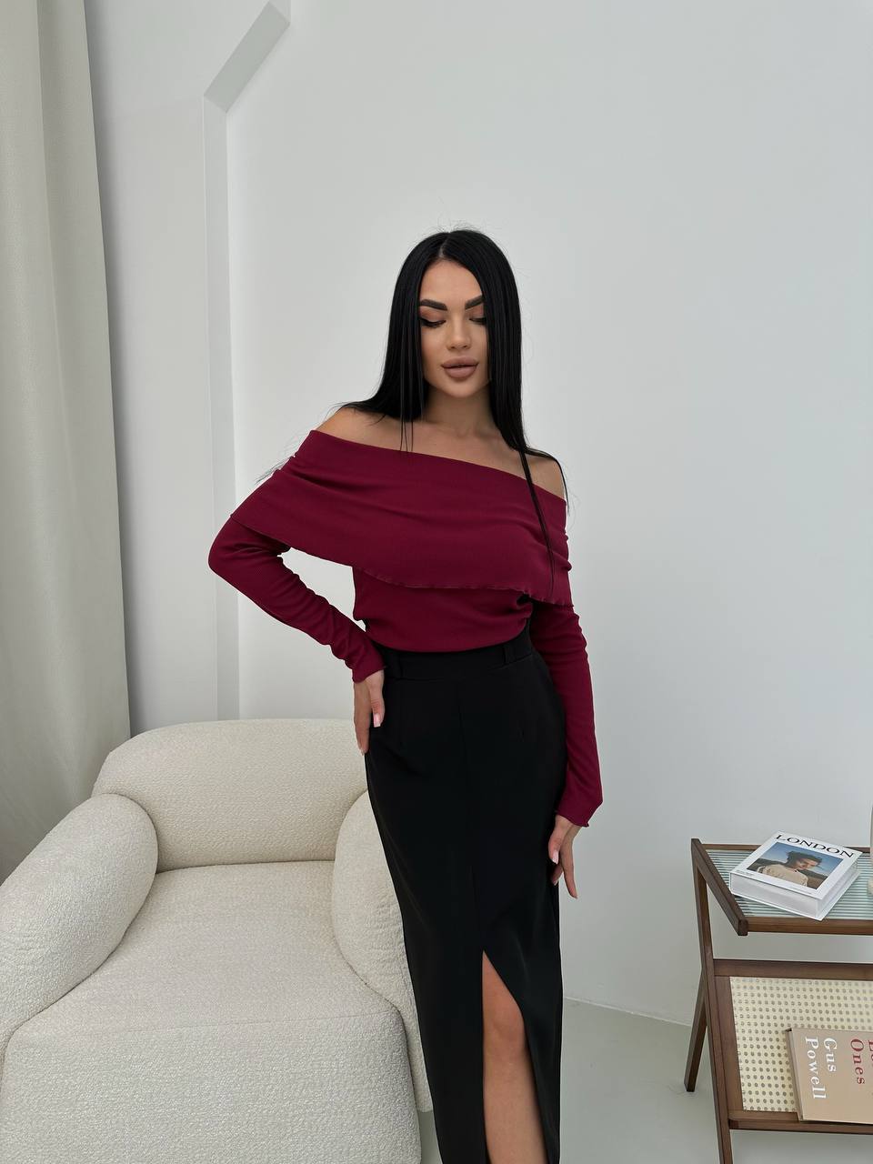 Womens Burgundy Ribbed Knit Cutout Shoulder Long Sleeve Top