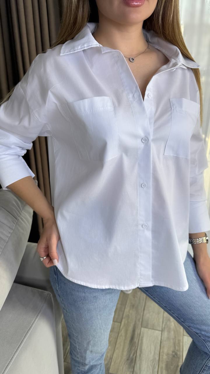 White Cotton Button-Up Loose Fit Shirt with Pockets