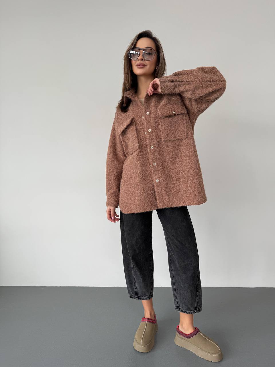 Stylish Women's Wool Boucle Shirt Jacket with Metal Snap Buttons