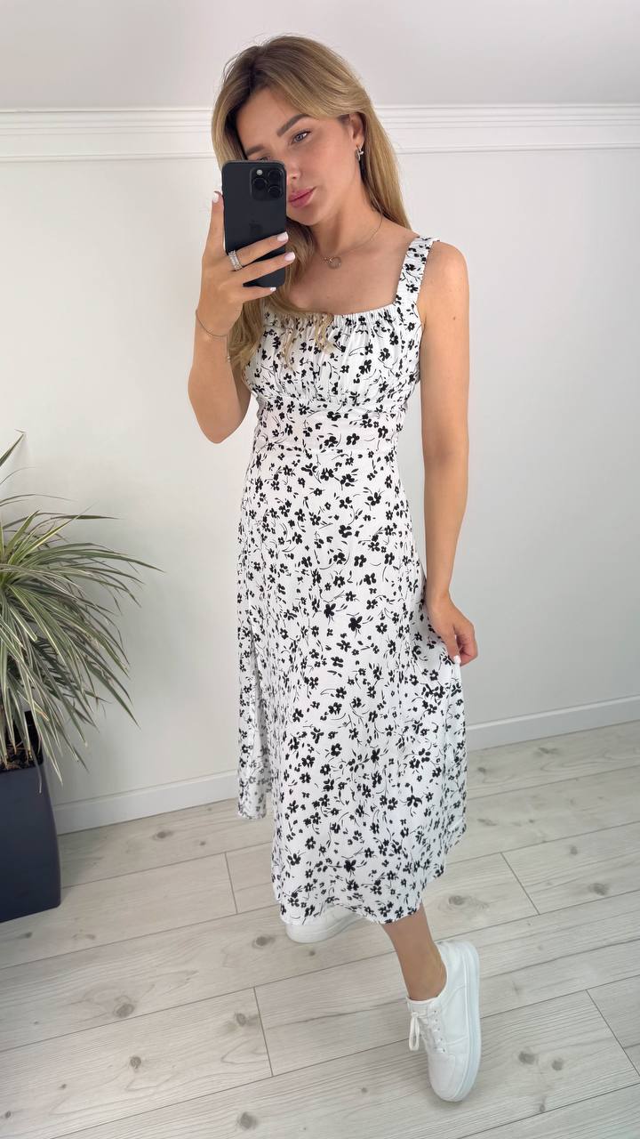 White Midi Dress with Black Floral Print and Adjustable Straps