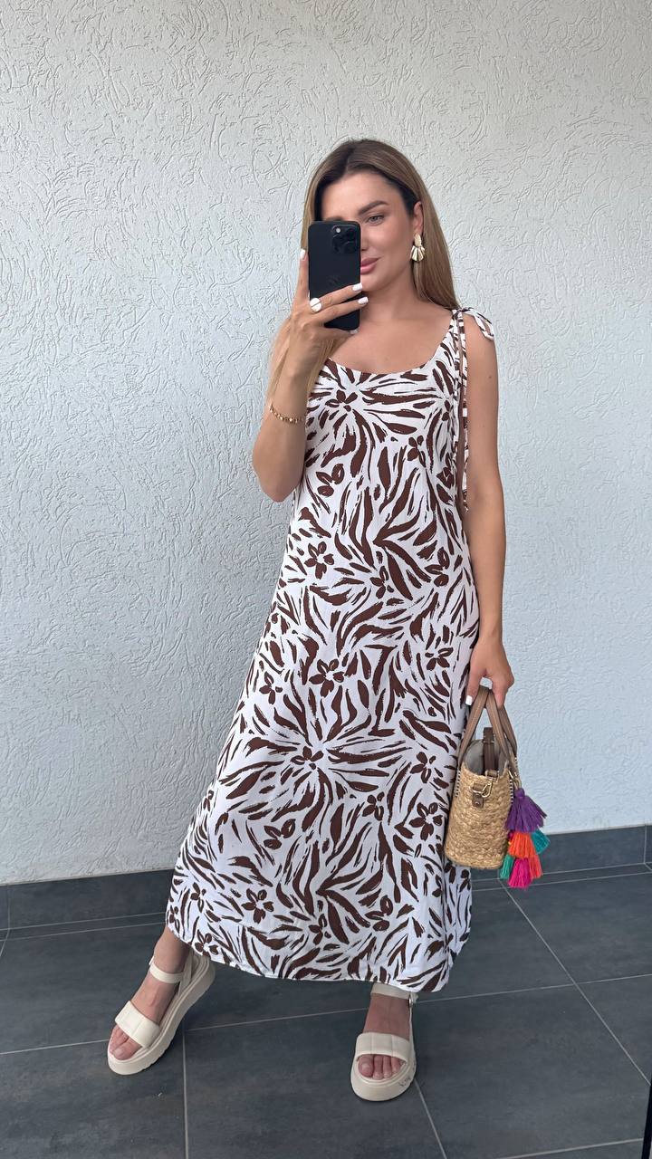 Maxi Sarafan Dress with Adjustable Tie Straps in Staple Fabric