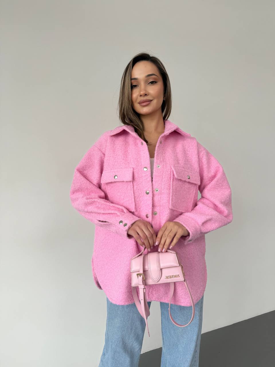 Stylish Women Pink Boucle Wool Shirt Jacket with Pockets and Button Cuffs