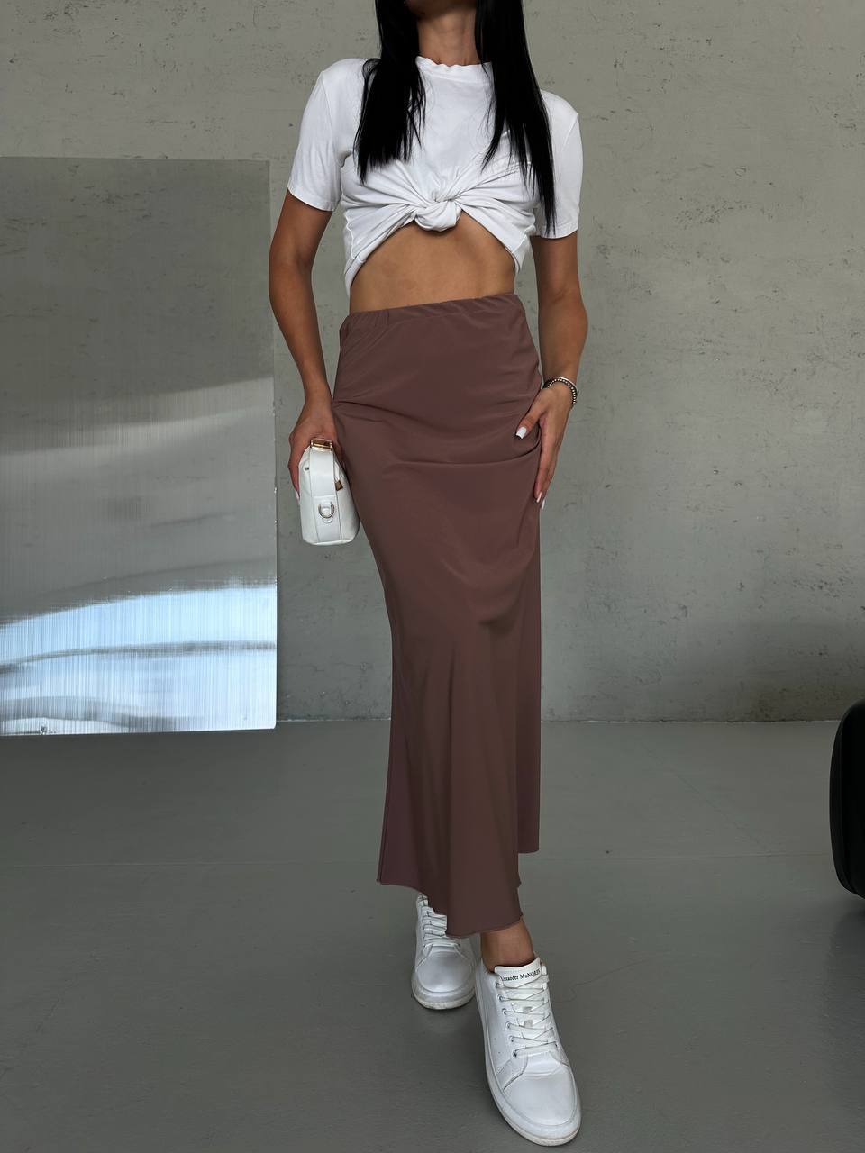 Brown Midi Skirt with Elastic Waistband for Women