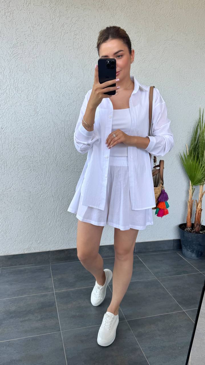 White Natural Cotton Batist Two-Piece Suit with Button-Up Shirt and Elastic Waist Skirt-Shorts