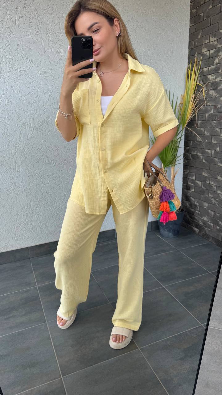 Light Yellow Muslin Two-Piece Set Loose Fit Shirt and Pants