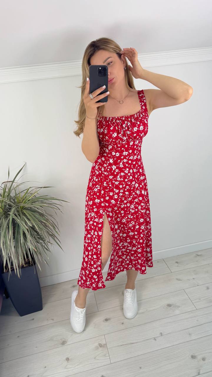 Red Floral Midi Dress with Elastic Straps and Side Slit