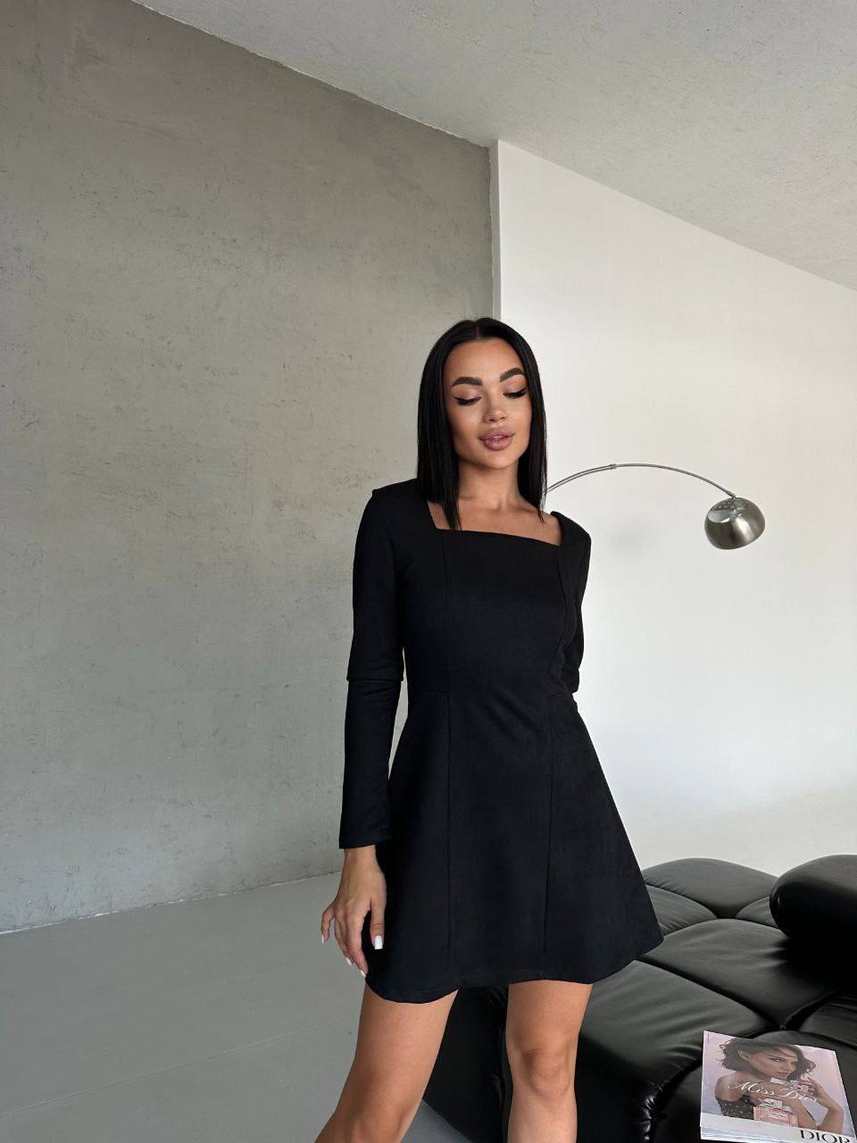 Elegant Black Square Neck Long Sleeve Mini Dress
