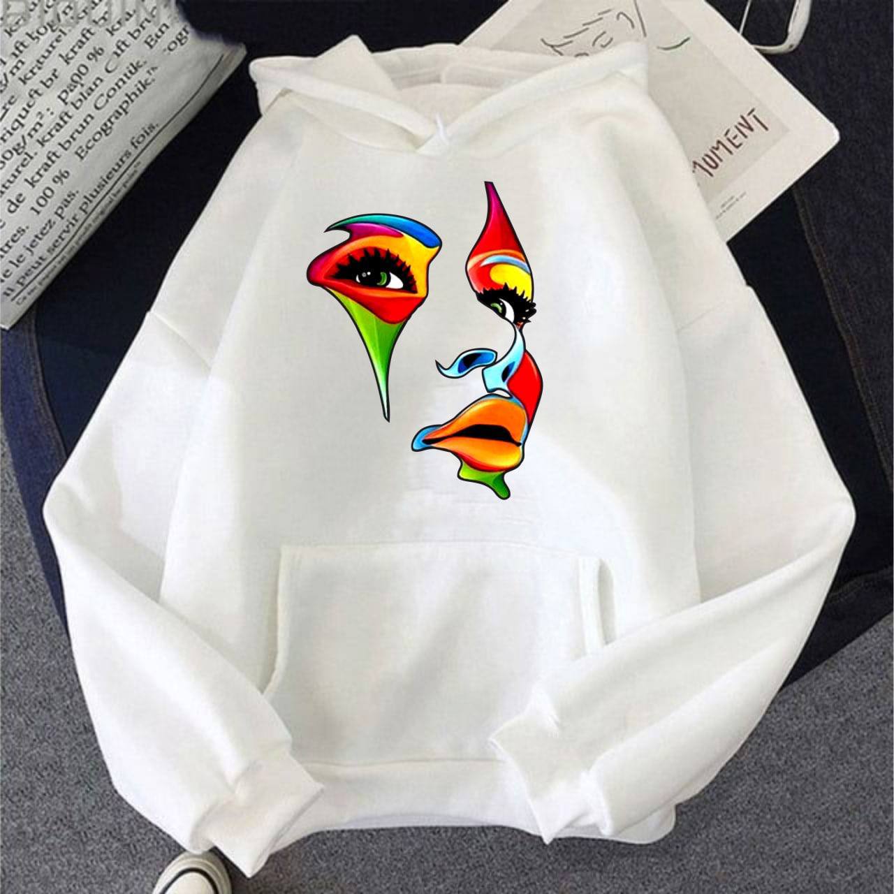 Classic Warm Hoodie with Colorful Abstract Face Print