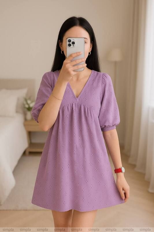 Light Purple Summer Dress with V-Neck and Puff Sleeves