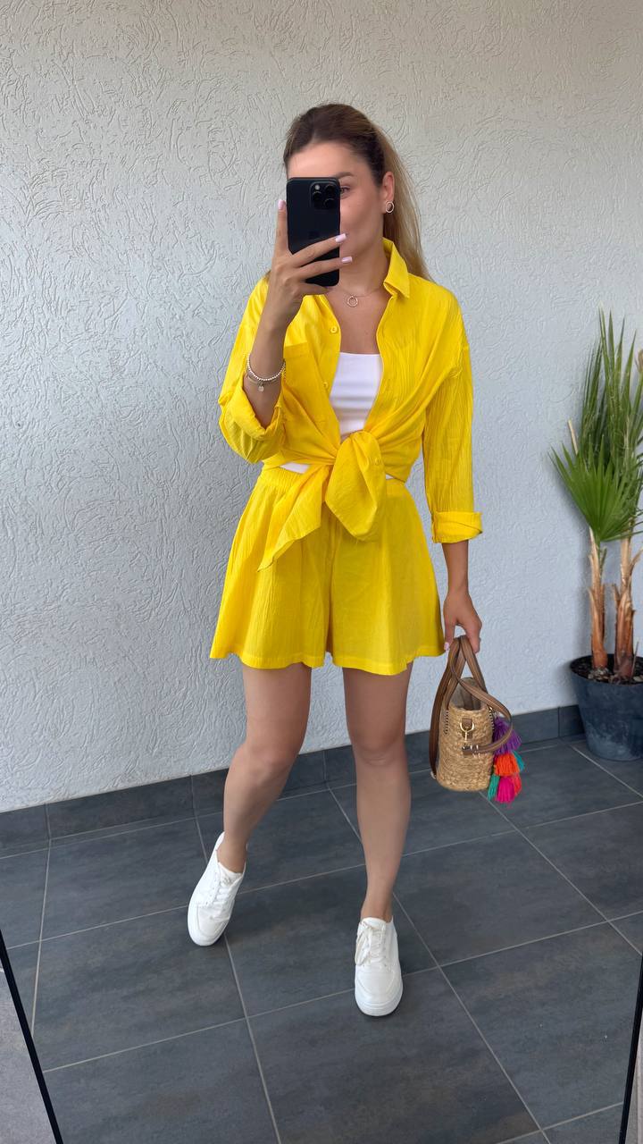 Yellow Lightweight Summer Shirt and Shorts Set for Women