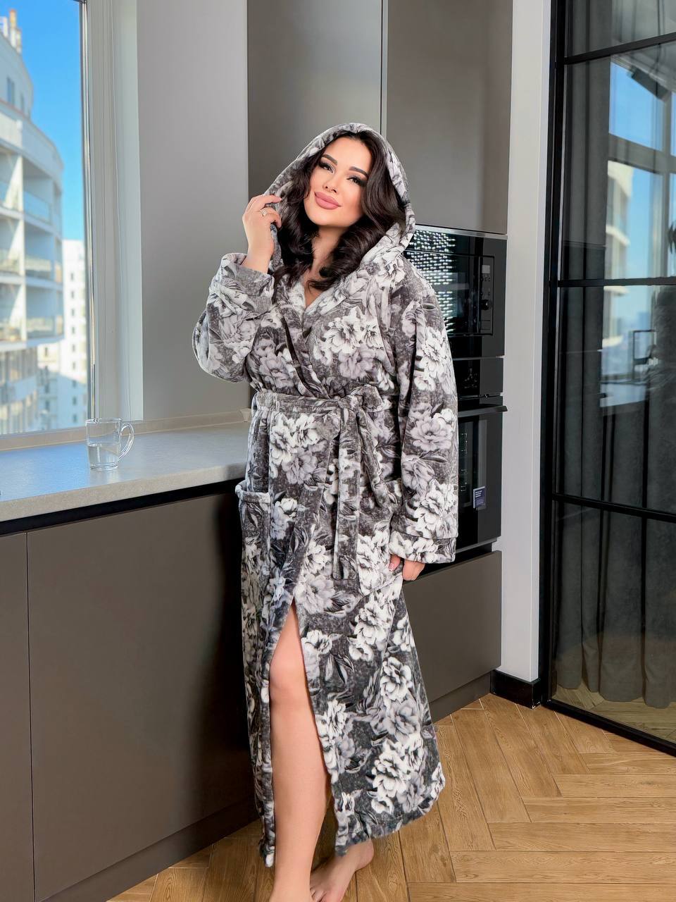 Floral Print Hooded Plush Bathrobe with Belt and Pockets