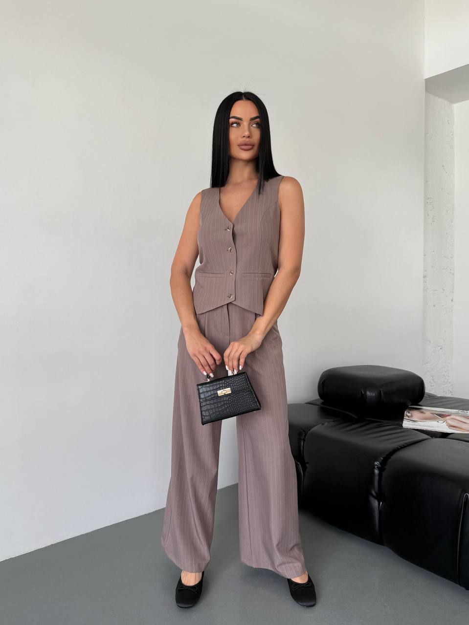 Womens Two Piece Cotton Crepe Suit Sleeveless Vest and Wide Leg Pants