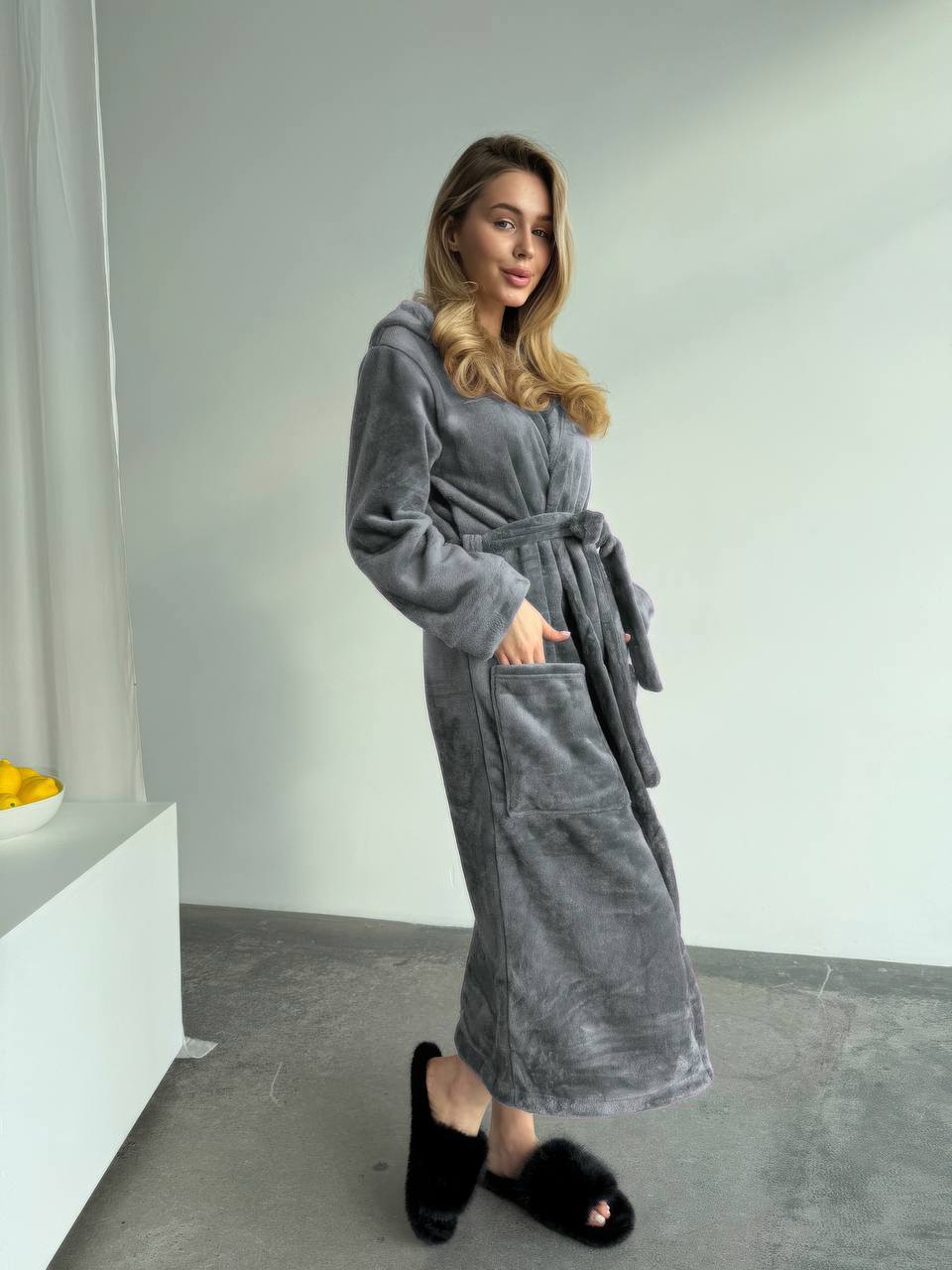 Unisex Hooded Plush Robe with Belt and Pockets Soft Warm Comfortable