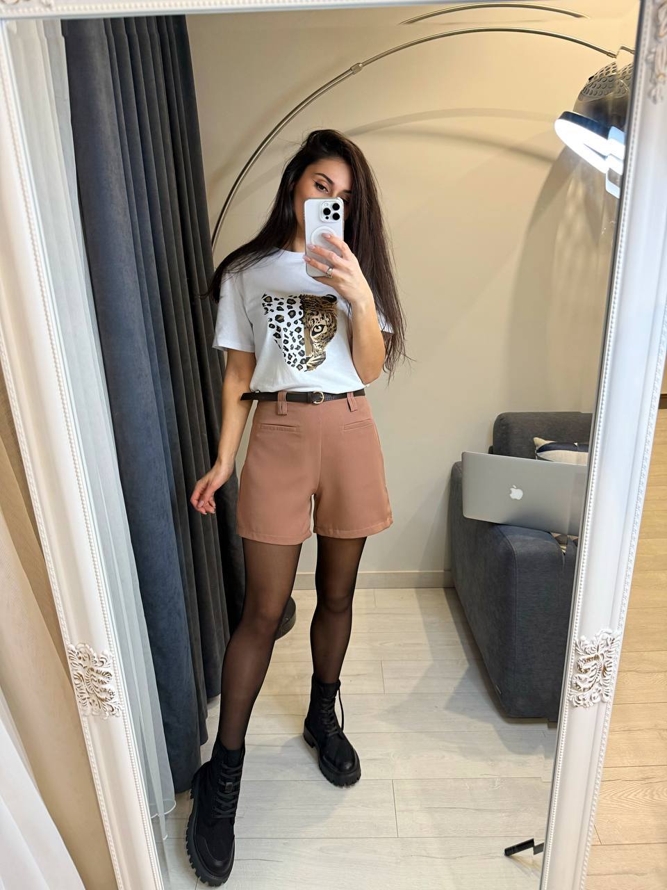 White Cotton T-Shirt with Leopard Print