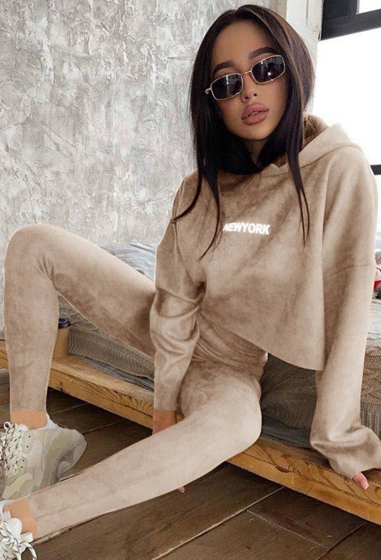 Chic Beige Cropped Hoodie and Legging Set Perfect for Casual Outings and Everyday Style