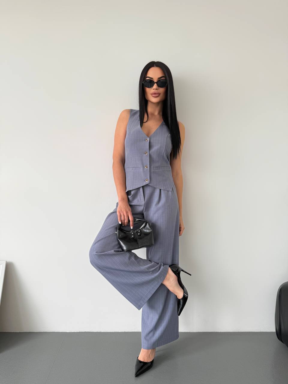 Womens Grey Cotton Suit Vest and Wide Leg Pants Set