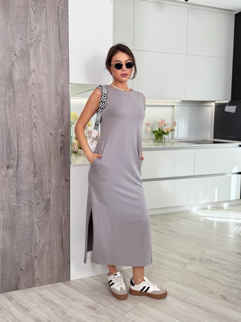 Gray Sleeveless Straight Cut Cotton Dress with Pockets