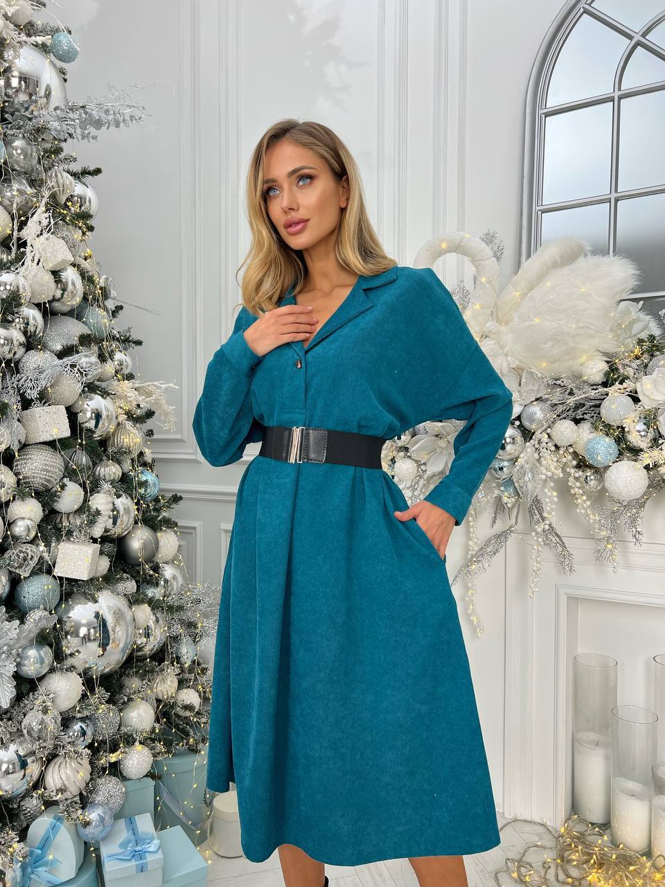 Teal Corduroy Practical Midi Dress with Belt