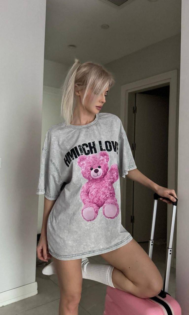 Oversized Tie-Dye T-Shirt with Pink Teddy Bear Print