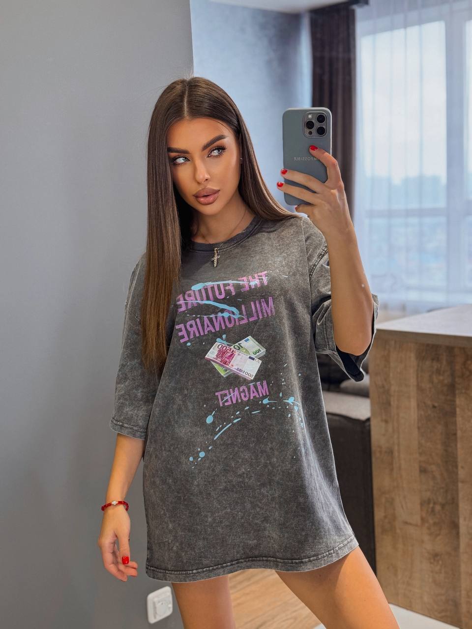 Oversized Trendy Graphic T-Shirt in Washed Black Cotton