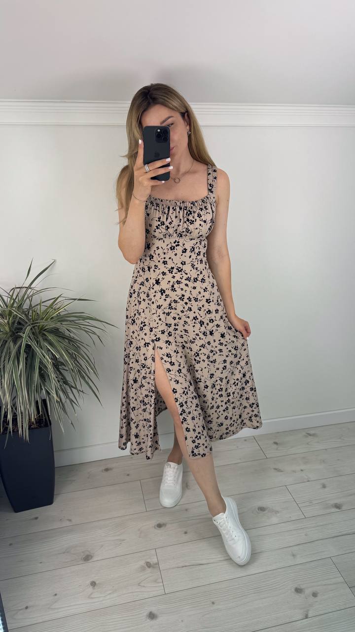 Midi Floral Dress with Elastic Straps and Side Slit