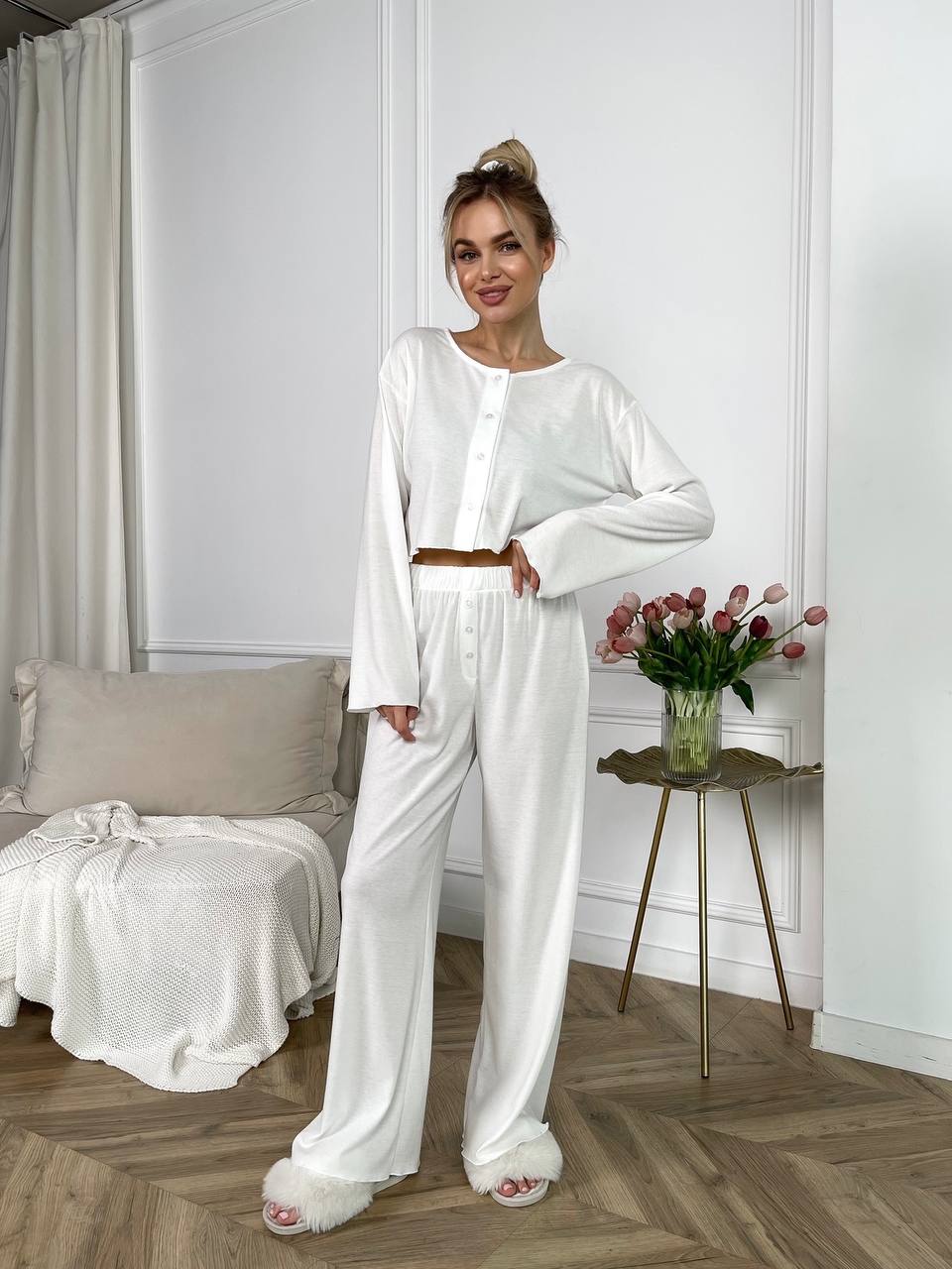 Cozy White Home Set Long Sleeve Pants and Top Comfortable and Stylish