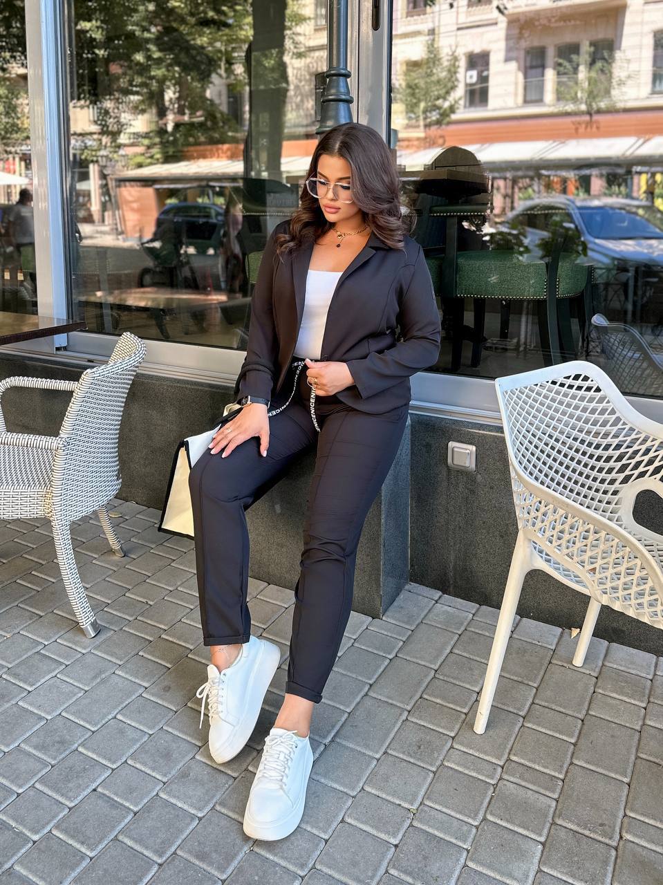 Stylish Black Women Pantsuit with Semi-lined Blazer and Elastic Waist Trousers