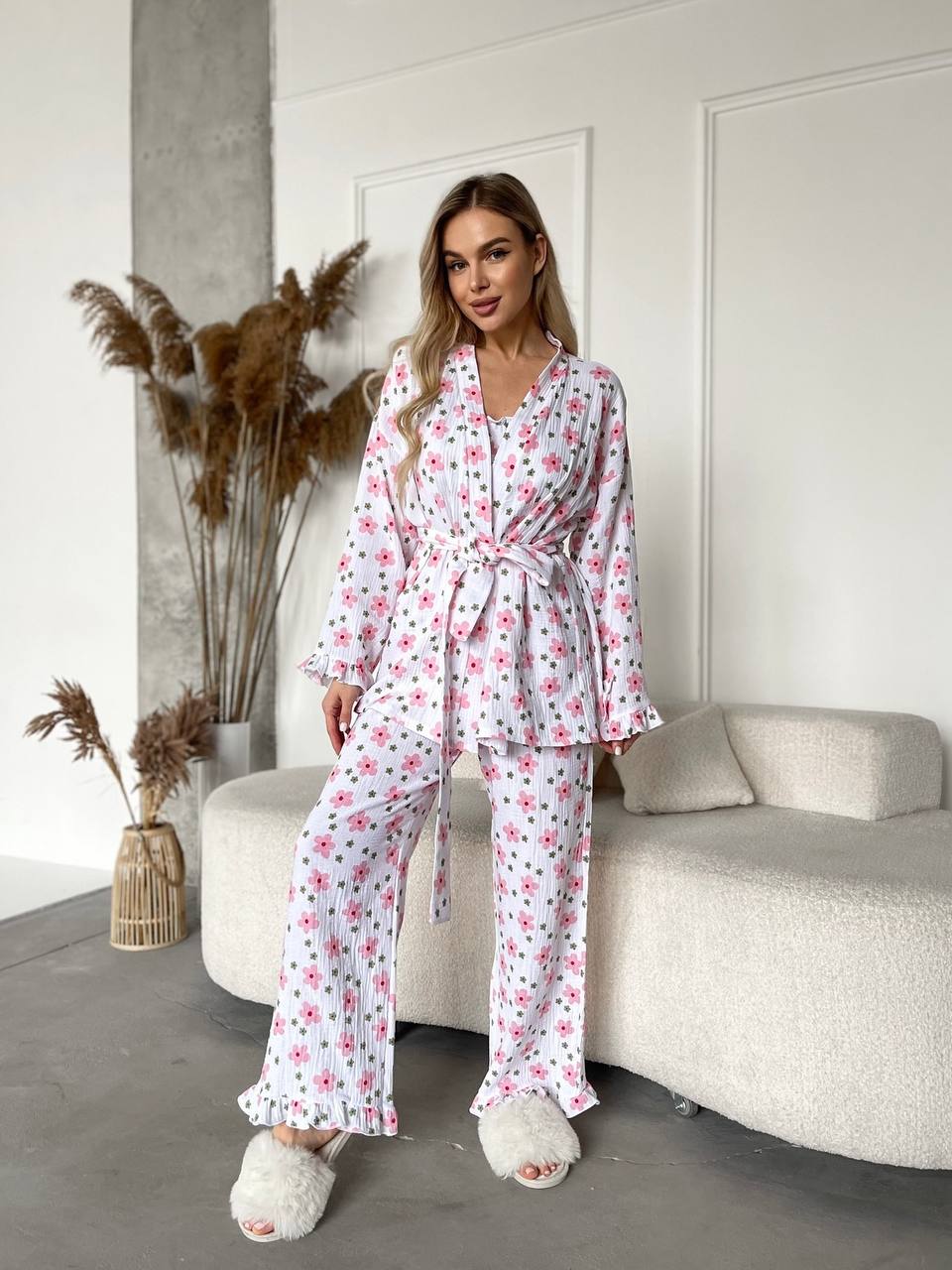 Home Suit Three Piece Set in Soft Cotton Muslin with Floral Print