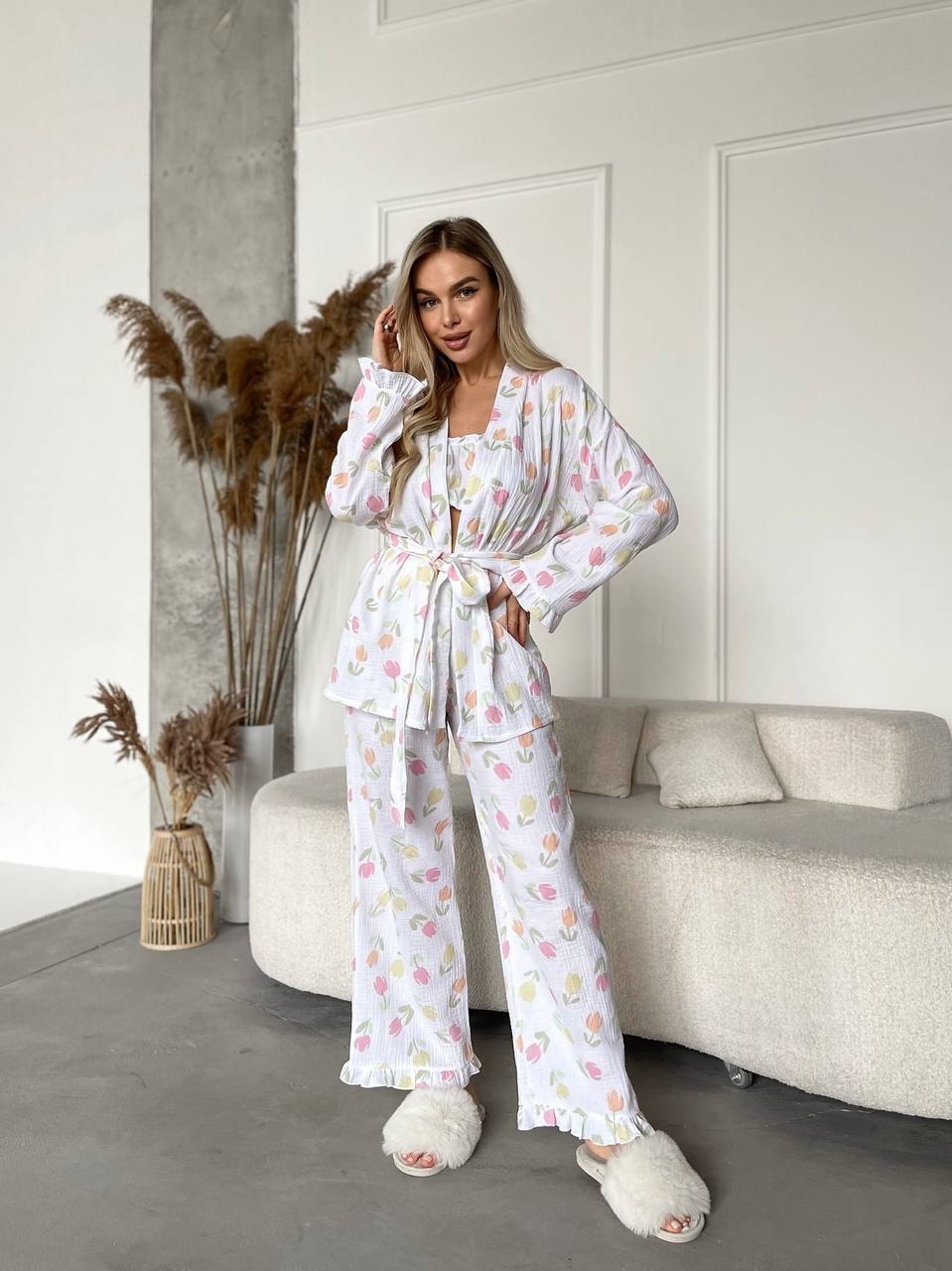 Women Home Suit Three Piece Set Muslin Cotton Pajamas