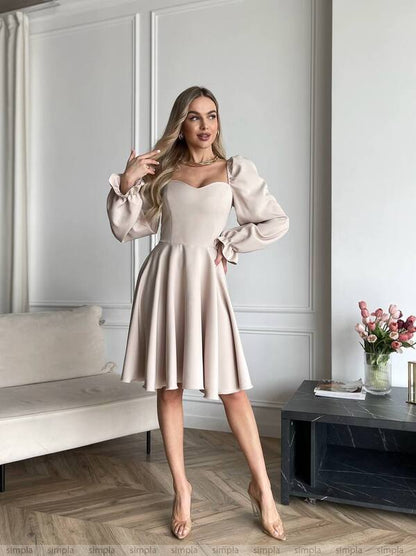 Elegant Women's Dress with Flared Skirt and Puff Sleeves