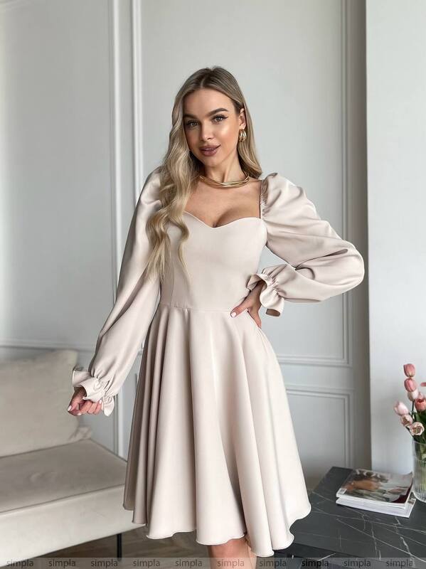Elegant Women's Dress with Flared Skirt and Puff Sleeves