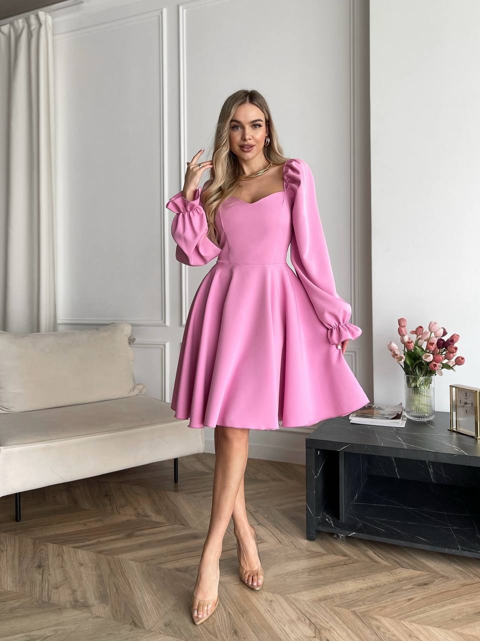 Elegant Pink Fit and Flare Dress for Women with Puff Sleeves