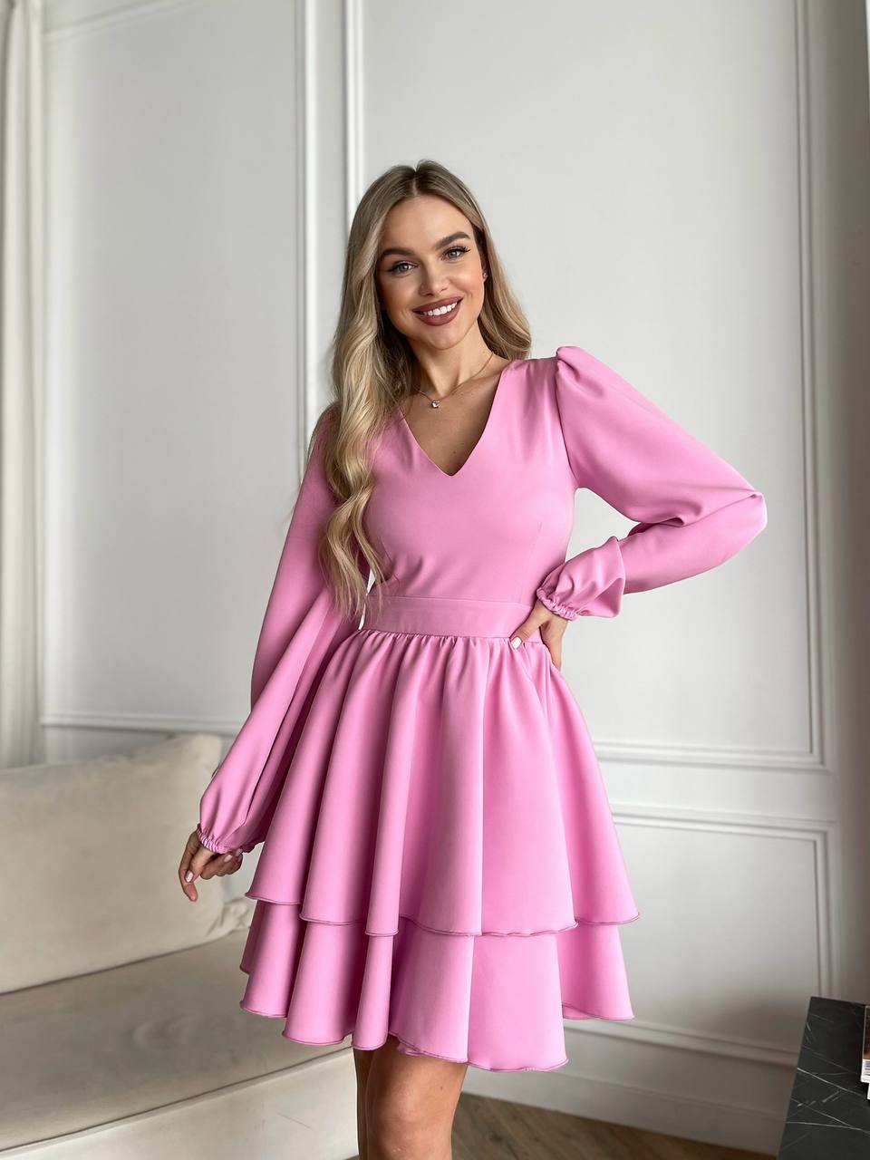 Lovely Pink Layered Dress with Long Sleeves for Special Occasions