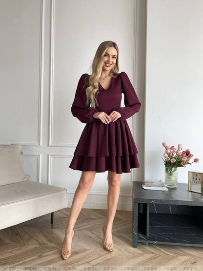 Elegant Burgundy Long Sleeve Layered Mini Dress